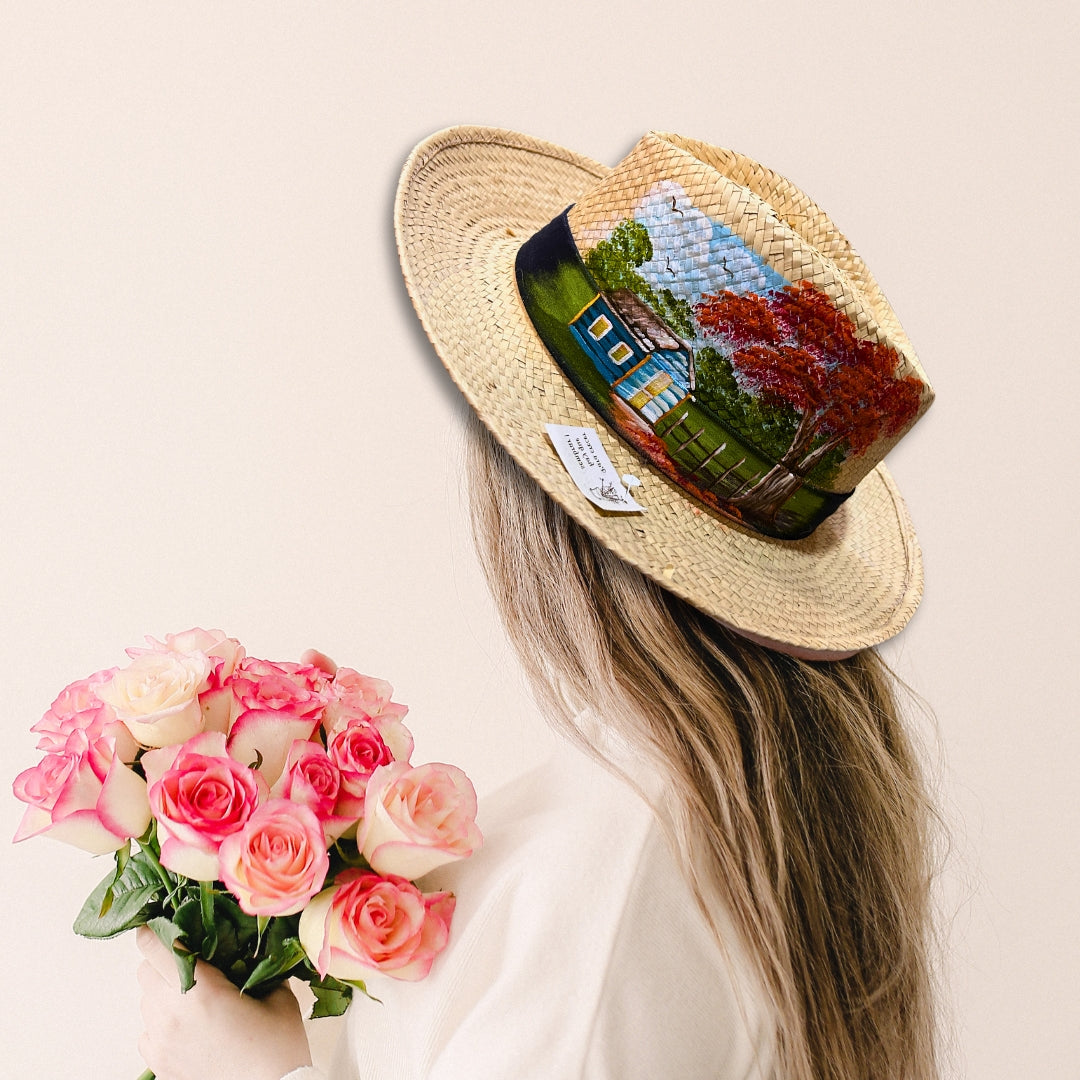 Jute Hat – Dominican Souvenir with Countryside House & Flamboyant Tree Design