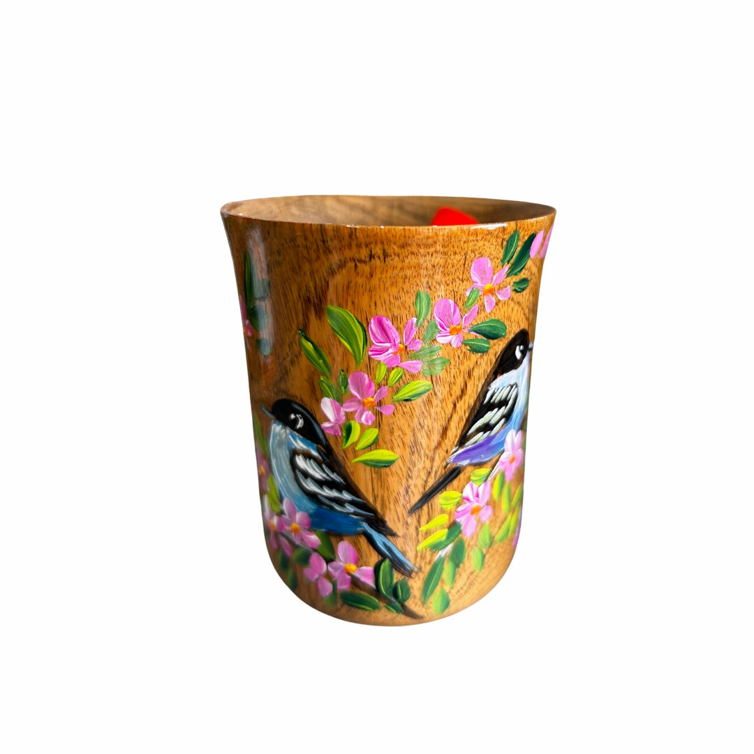Wooden Coffee Cup – Dominican Souvenir with Hummingbird & Floral Design