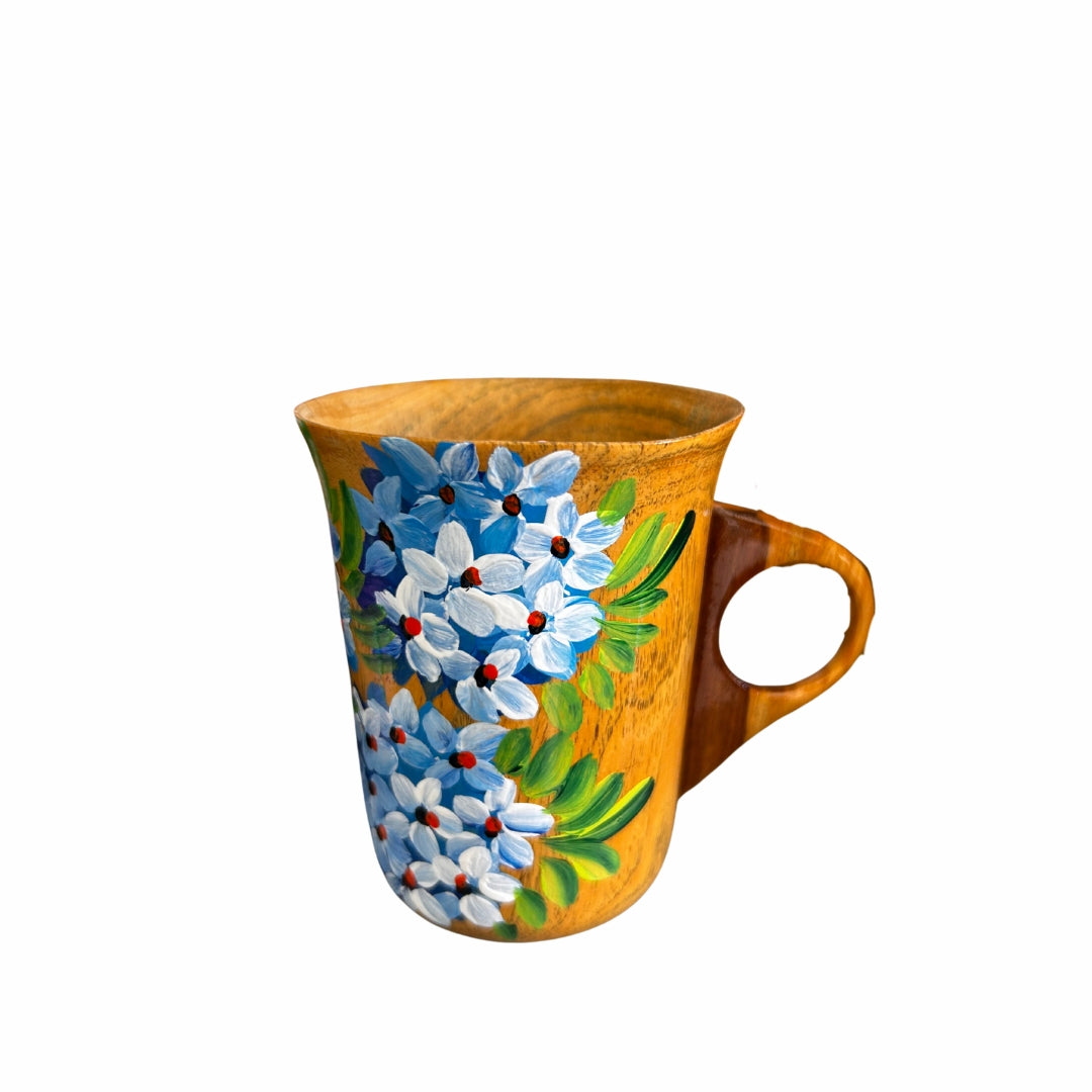 Wooden Coffee Cup – Dominican Souvenir with Blue Floral Design