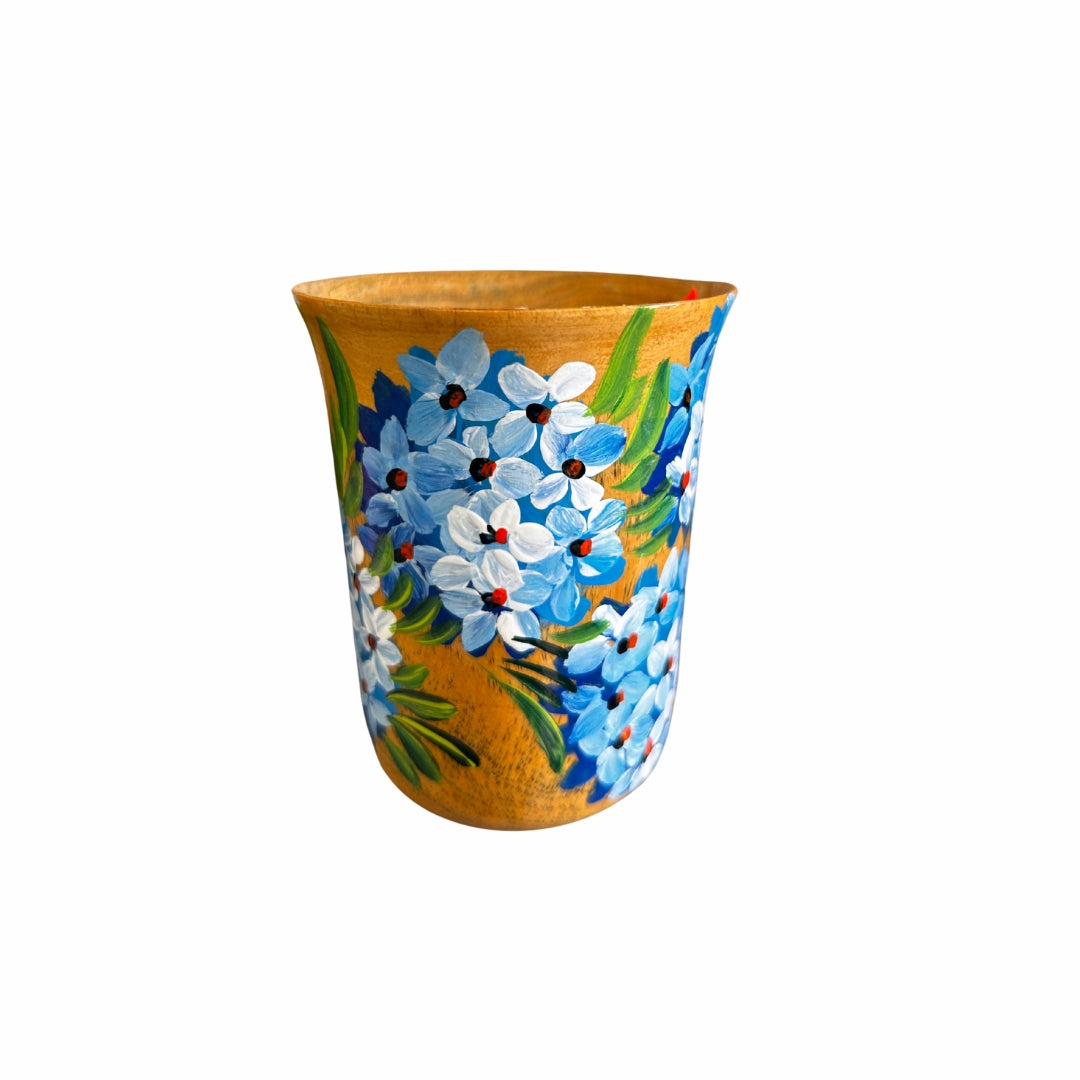Wooden Coffee Cup – Dominican Souvenir with Blue Floral Design