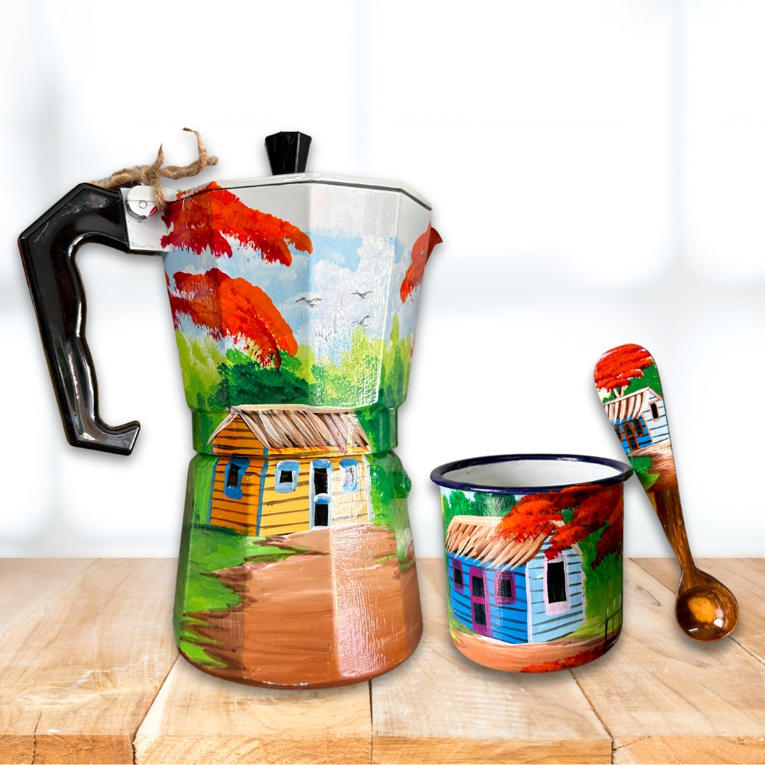 6-Cup Aluminum Coffee Maker β Dominican Souvenir with Countryside House & Flamboyant Tree Design