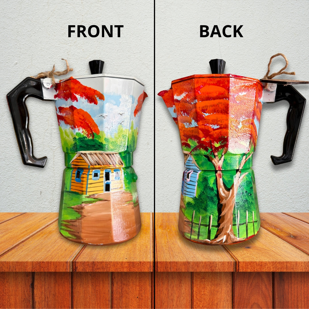 6-Cup Aluminum Coffee Maker β Dominican Souvenir with Countryside House & Flamboyant Tree Design
