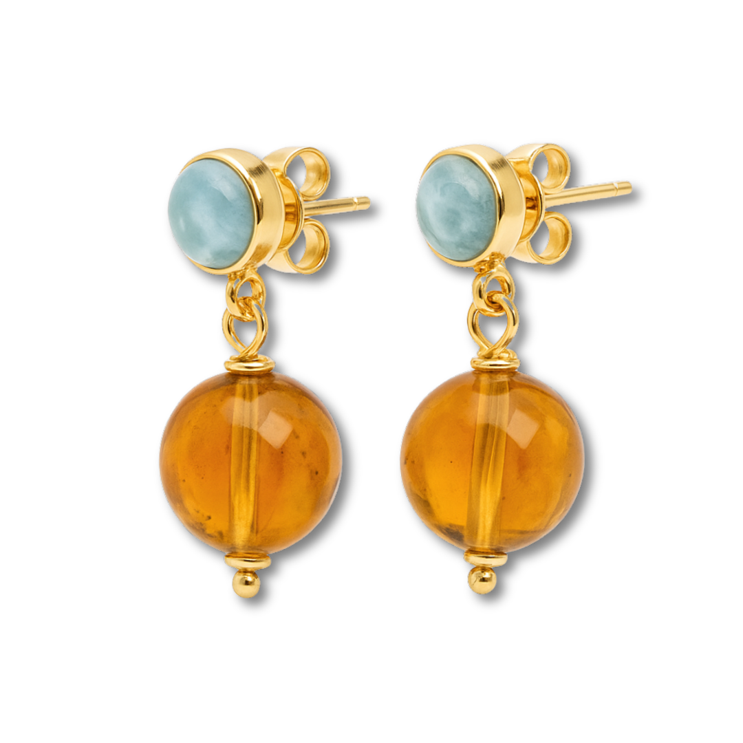 Sterling Silver Earrings with Dominican Larimar and Amber – Elegant Dominican Jewelry Souvenir