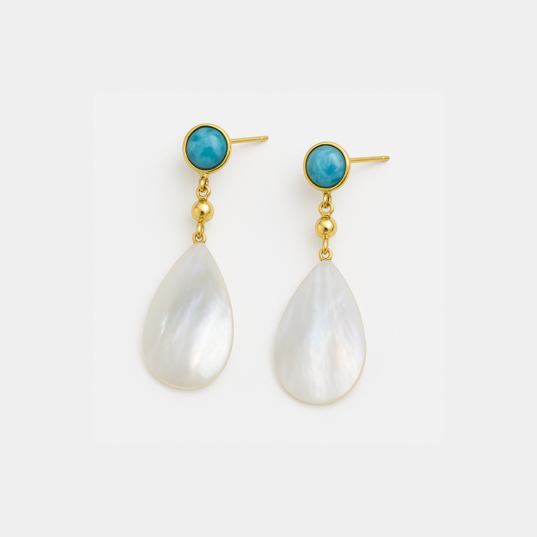 Gold-Plated Silver Earrings with Mother-of-Pearl and Larimar – Authentic Dominican Jewelry