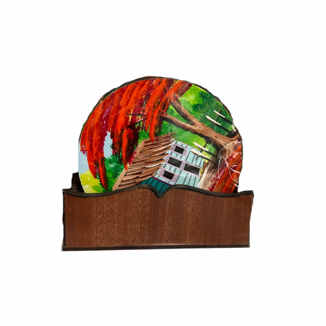 Set of 6 Coasters β Dominican Souvenir with Countryside House & Flamboyant Tree Design