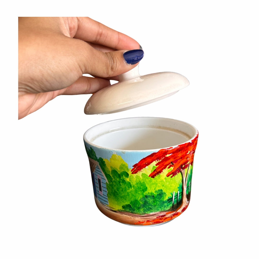 Porcelain Sugar Bowl – Dominican Souvenir with Countryside House & Flamboyant Tree Design