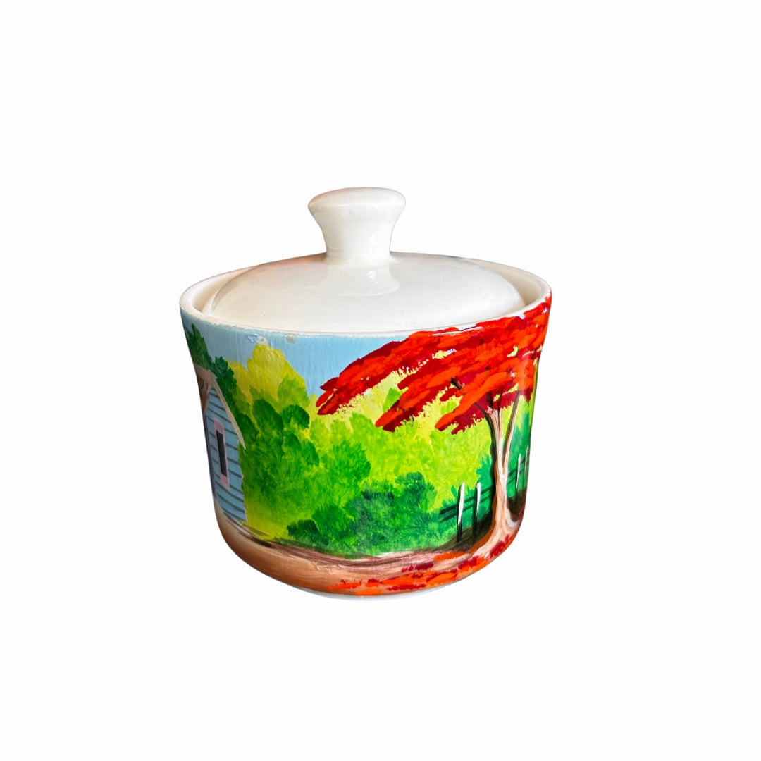 Porcelain Sugar Bowl – Dominican Souvenir with Countryside House & Flamboyant Tree Design