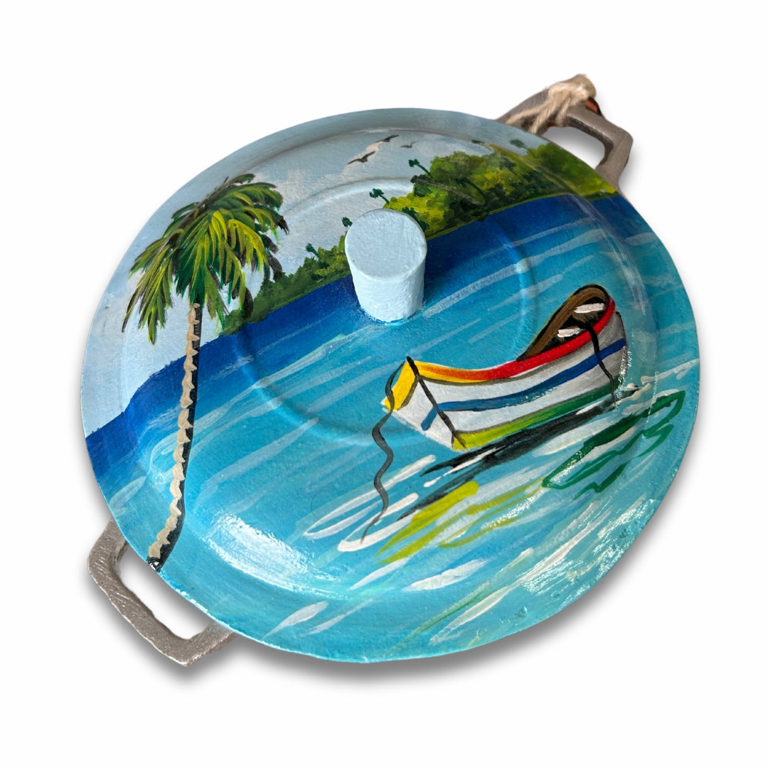 Decorative Aluminum Caldero – Dominican Souvenir with Beach, Boat & Palm Tree Design