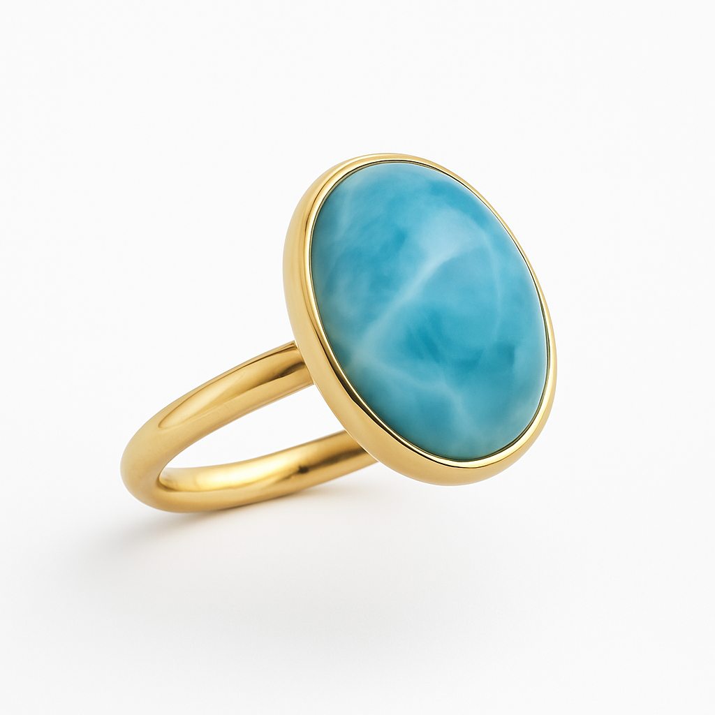 Gold-Plated Adjustable Oval Larimar Ring – Authentic Dominican Larimar Jewelry