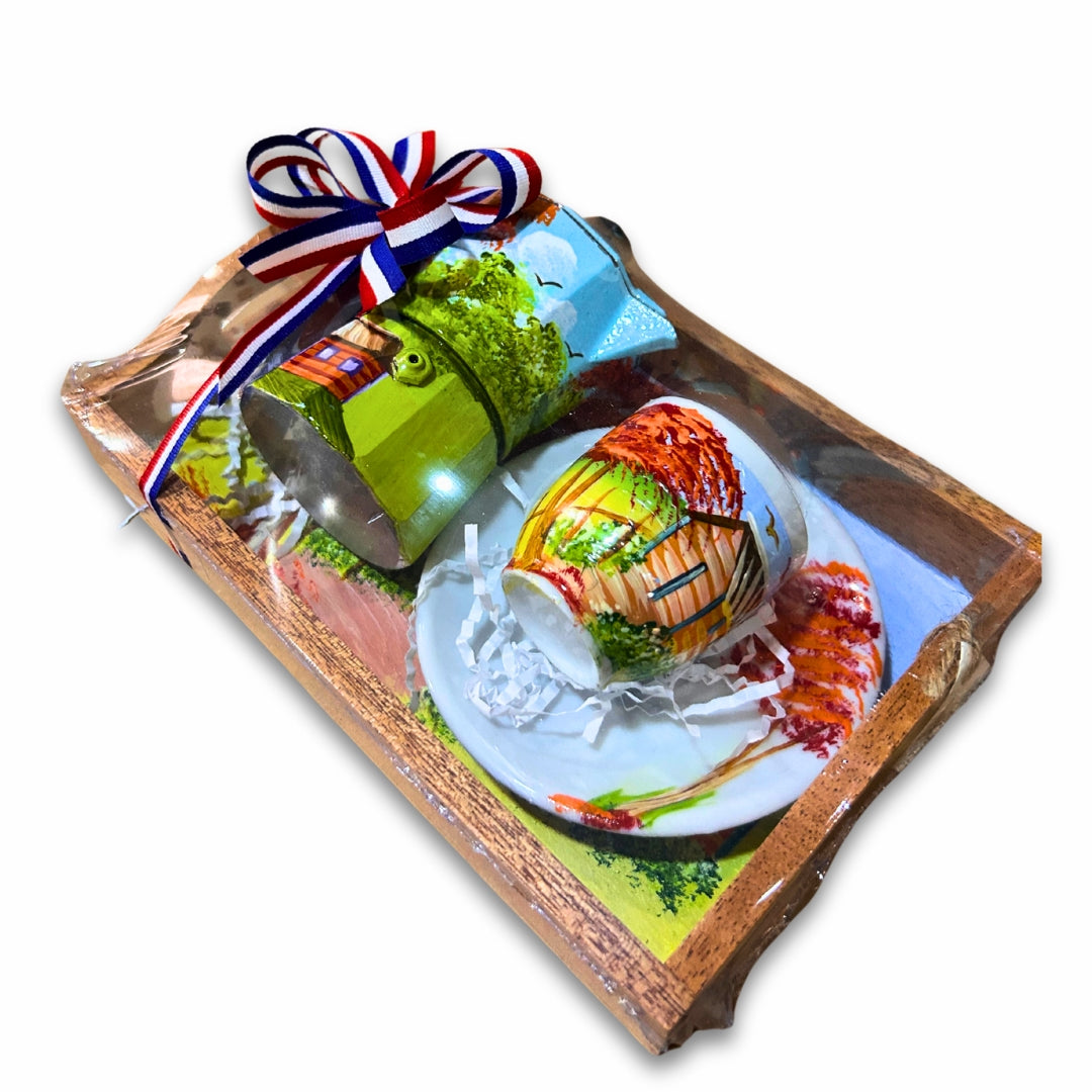 Juego de regalo Dominican Country Field & Flamboyant: bandeja, cafetera de aluminio, taza y plato de vidrio