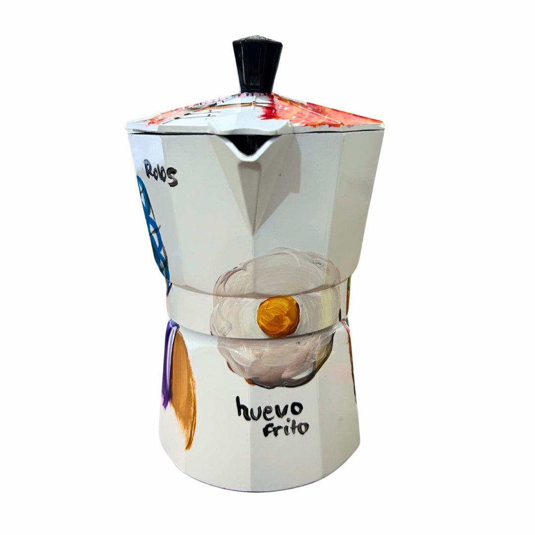 Cafetera de aluminio de 6 tazas: souvenir dominicano con rolos, huevo frito, cerveza Presidente y diseño de árbol flamante