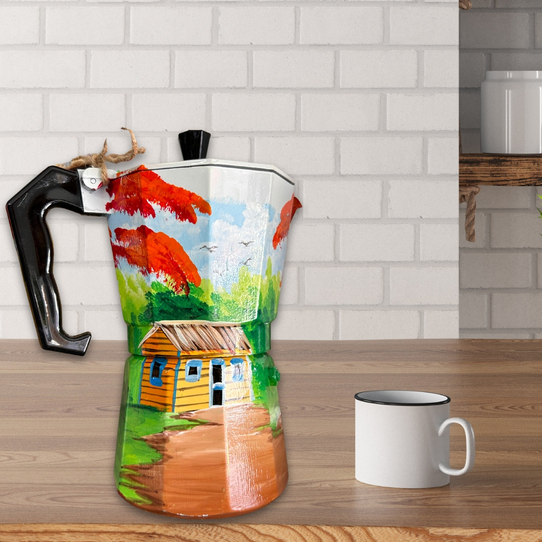6-Cup Aluminum Coffee Maker β Dominican Souvenir with Countryside House & Flamboyant Tree Design