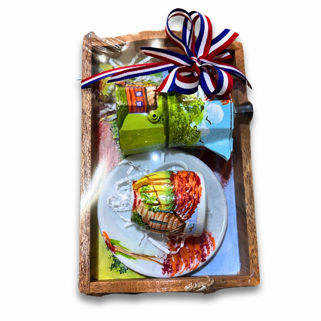 Juego de regalo Dominican Country Field & Flamboyant: bandeja, cafetera de aluminio, taza y plato de vidrio