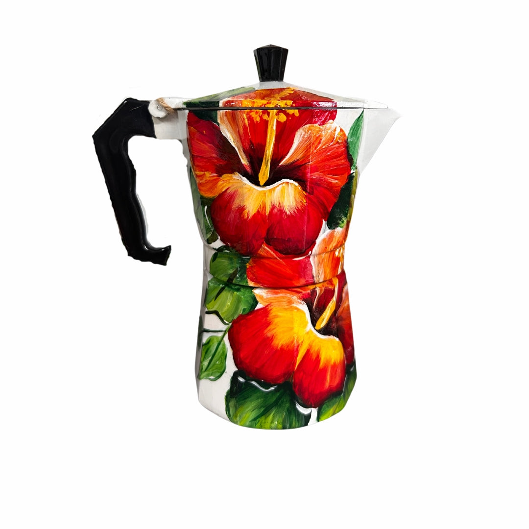 6-Cup Aluminum Coffee Maker – Dominican Souvenir with Cayenne Flower Design