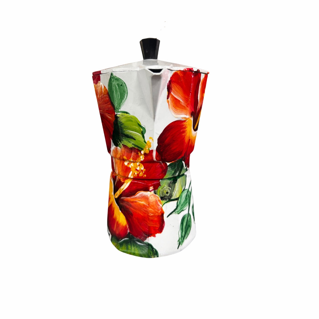 6-Cup Aluminum Coffee Maker – Dominican Souvenir with Cayenne Flower Design
