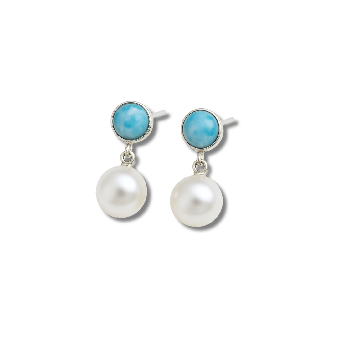 Round Larimar and Freshwater Pearl Earrings – Authentic Dominican Larimar Jewelry