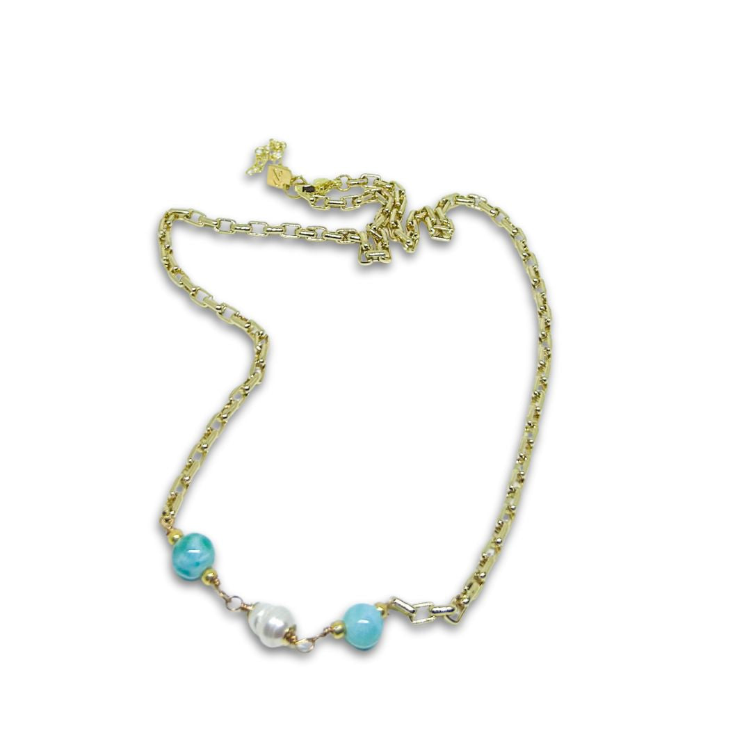 Gold-Plated Necklace with Pearl and Larimar Chips – Authentic Dominican Larimar Jewelry