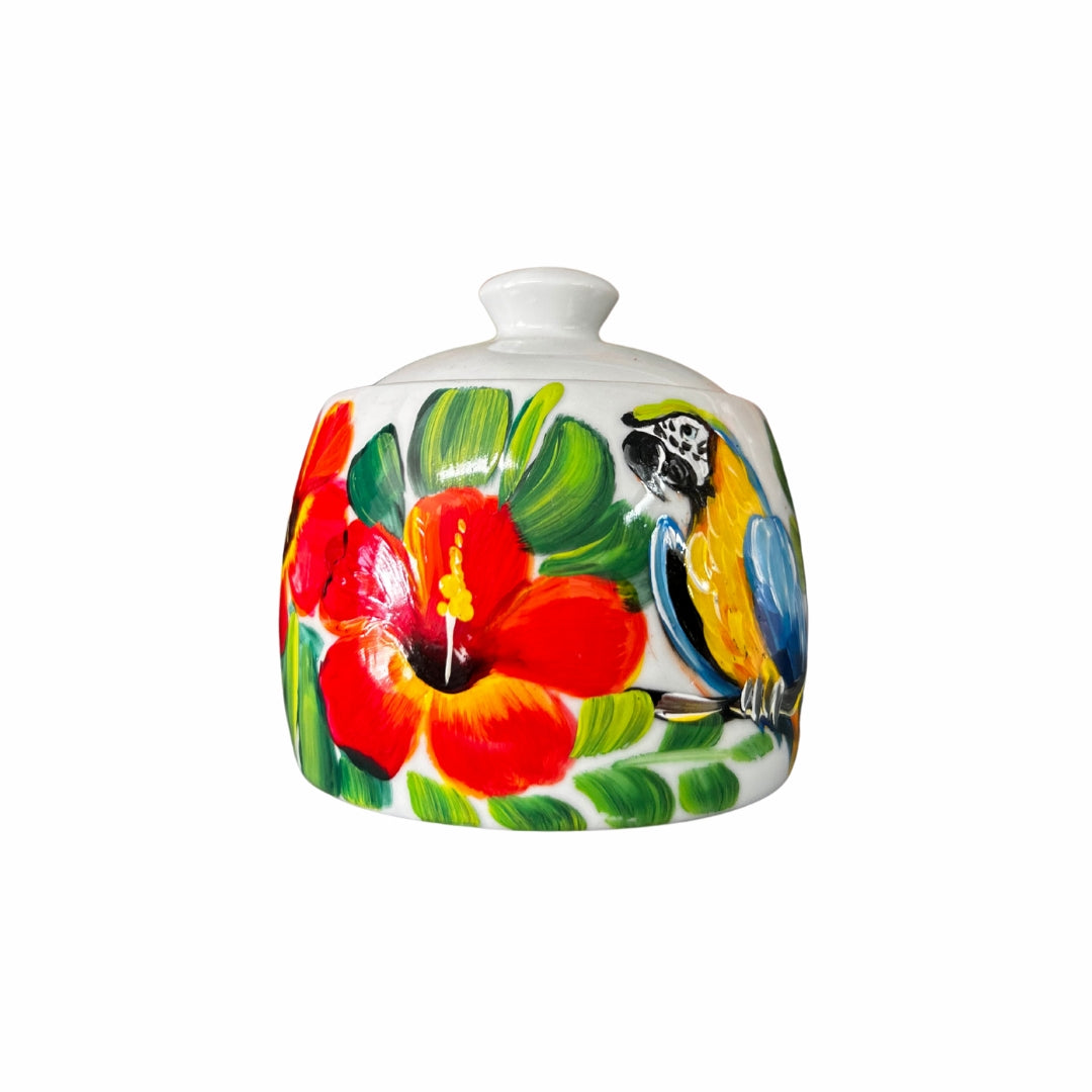Porcelain Sugar Bowl – Dominican Souvenir with Cayenne Flowers & Parrot Design