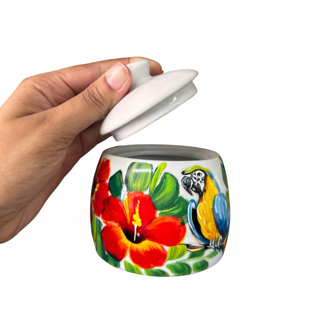 Porcelain Sugar Bowl – Dominican Souvenir with Cayenne Flowers & Parrot Design