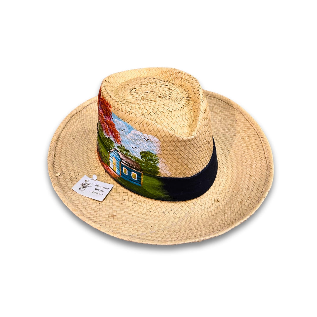 Jute Hat – Dominican Souvenir with Countryside House & Flamboyant Tree Design