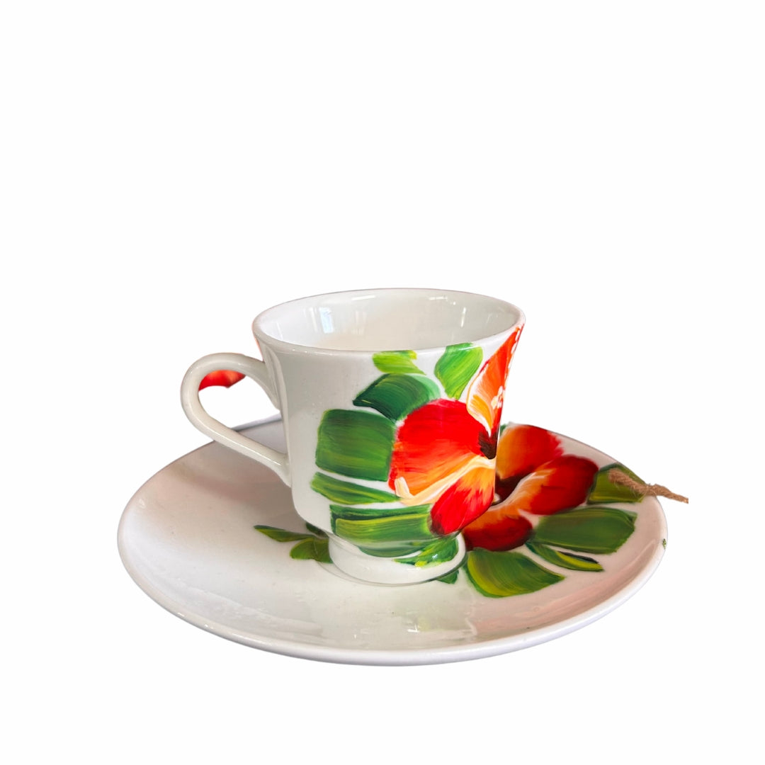 Porcelain Cup & Saucer Set β Dominican Souvenir with Cayenne Flower Design