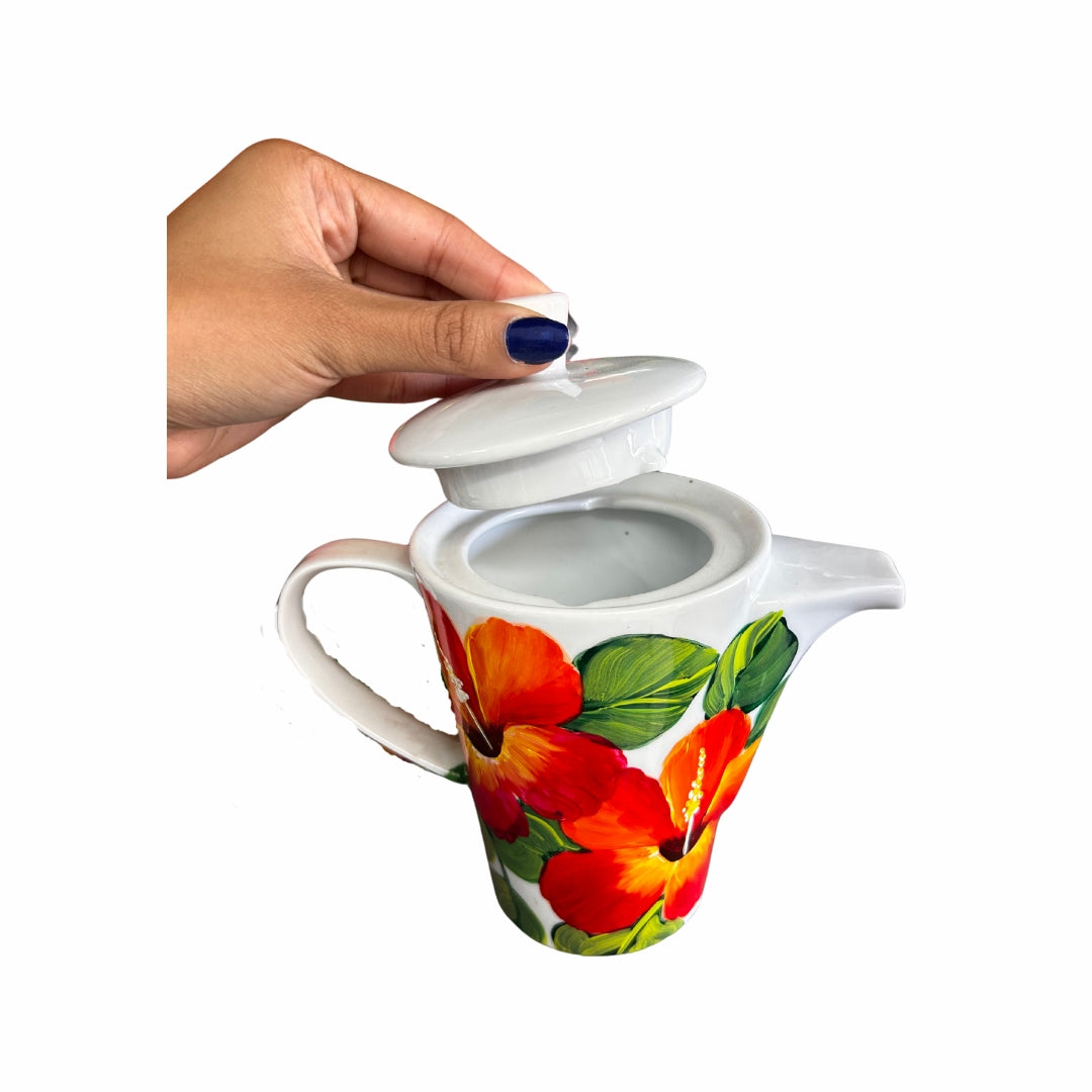 Porcelain Teapot β Dominican Souvenir with Cayenne Flower Design