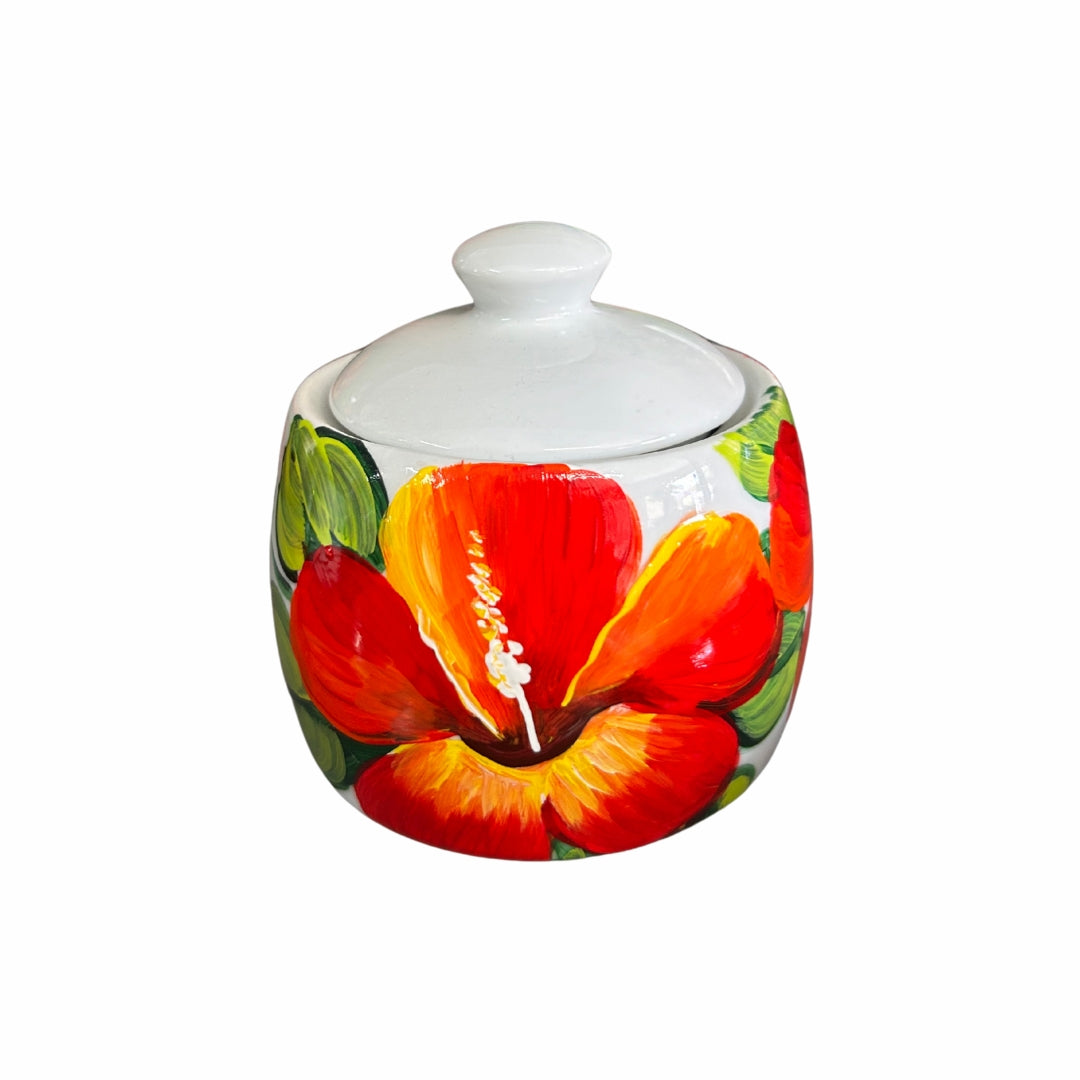 Porcelain Sugar Bowl β Dominican Souvenir with Cayenne Flower Design