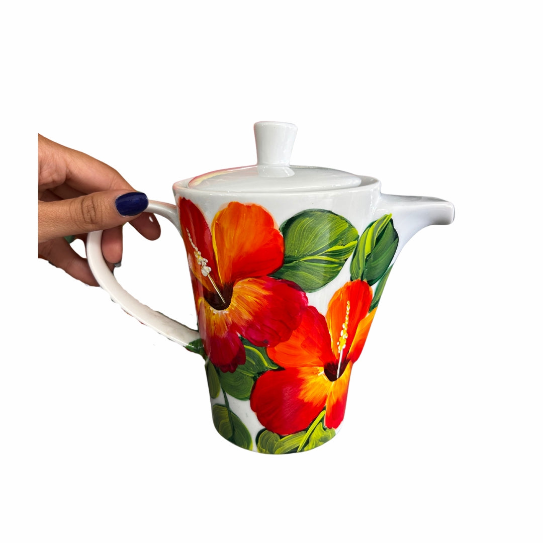 Porcelain Teapot β Dominican Souvenir with Cayenne Flower Design
