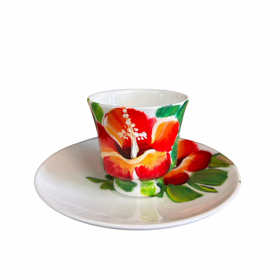 Porcelain Cup & Saucer Set β Dominican Souvenir with Cayenne Flower Design