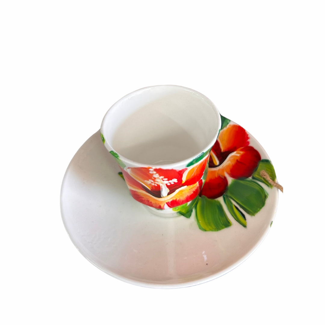 Porcelain Cup & Saucer Set β Dominican Souvenir with Cayenne Flower Design