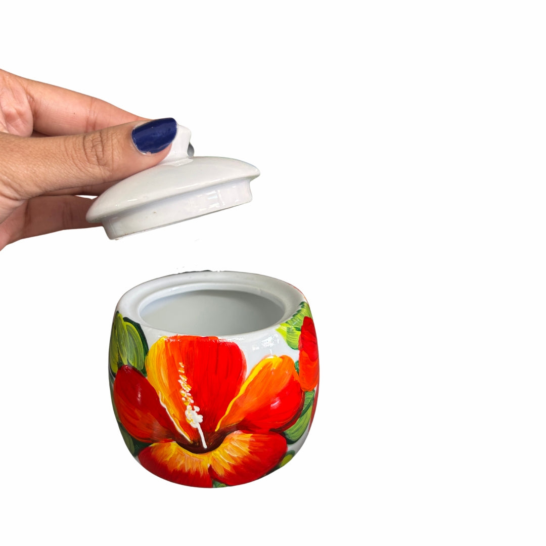 Porcelain Sugar Bowl β Dominican Souvenir with Cayenne Flower Design