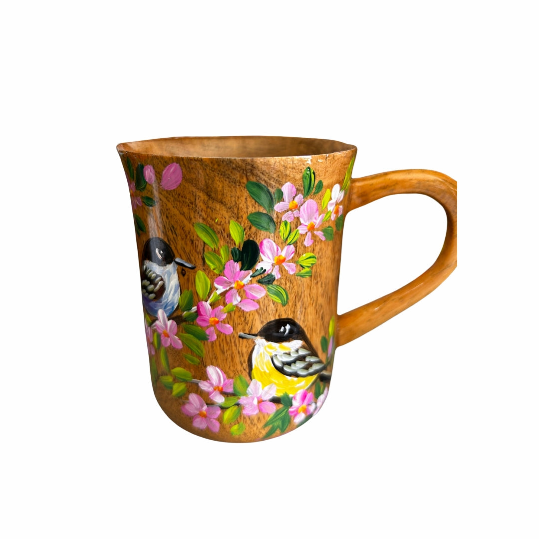 Wooden Coffee Cup – Dominican Souvenir with Hummingbird & Floral Design
