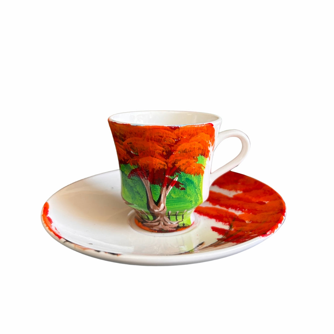 Porcelain Cup & Saucer Set – Dominican Souvenir with Countryside House & Flamboyant Tree Design
