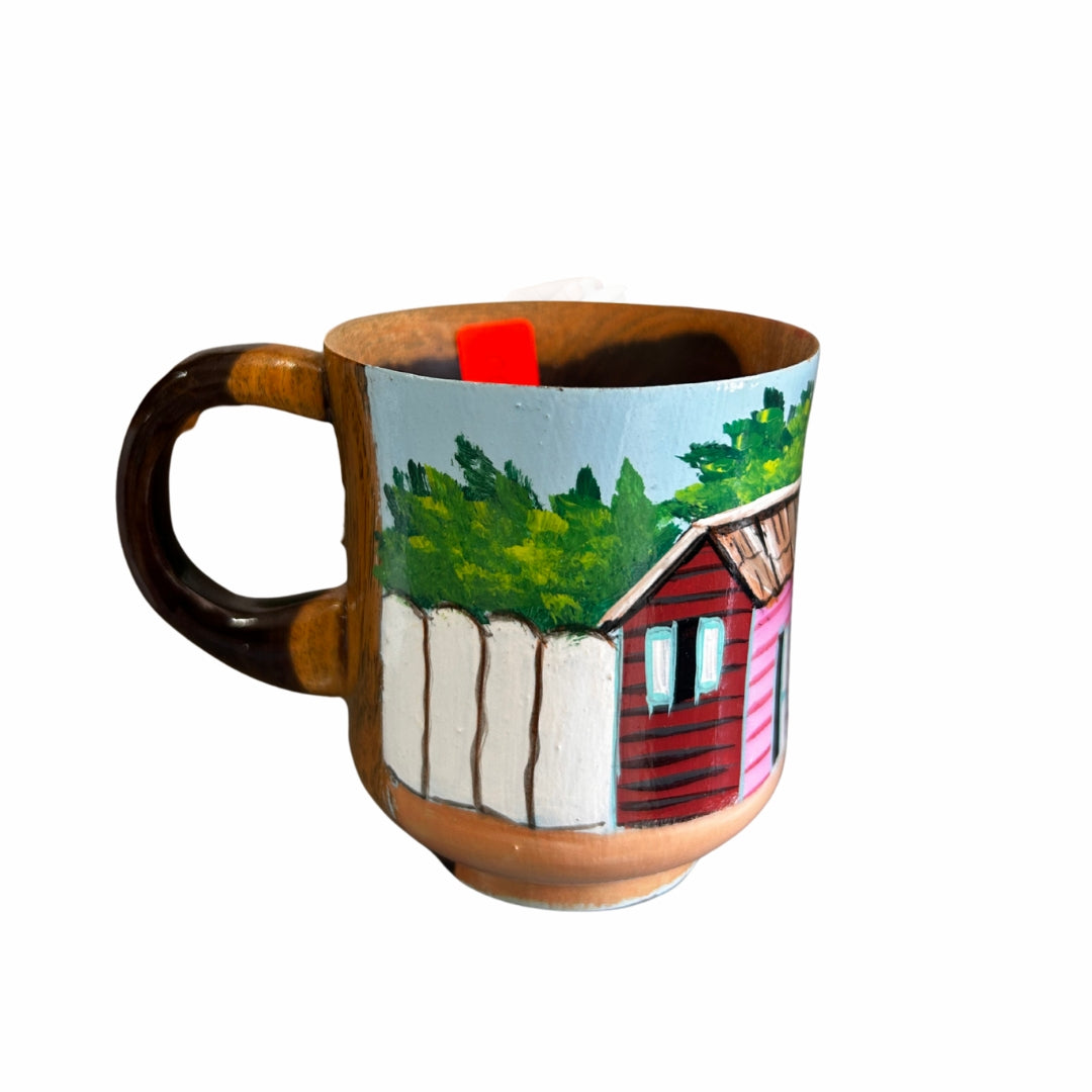 Wooden Coffee Cup – Dominican Souvenir with Countryside House & Flamboyant Tree Design