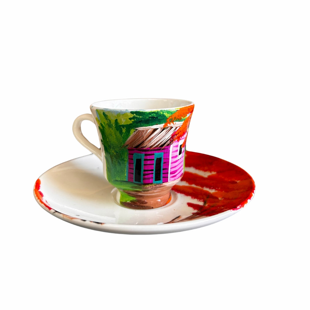 Porcelain Cup & Saucer Set – Dominican Souvenir with Countryside House & Flamboyant Tree Design