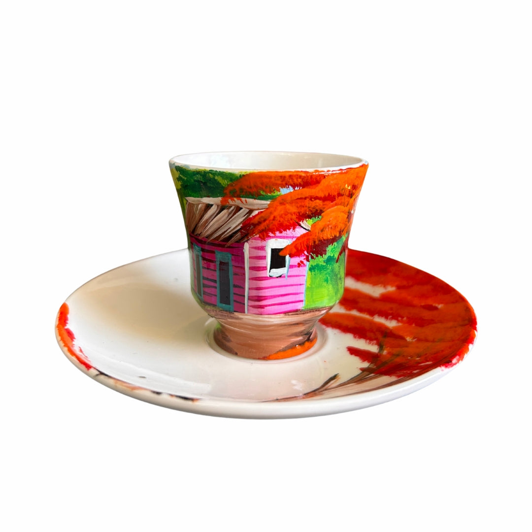 Porcelain Cup & Saucer Set – Dominican Souvenir with Countryside House & Flamboyant Tree Design