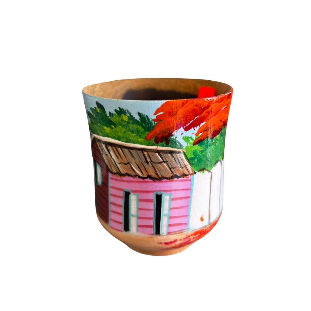 Wooden Coffee Cup – Dominican Souvenir with Countryside House & Flamboyant Tree Design