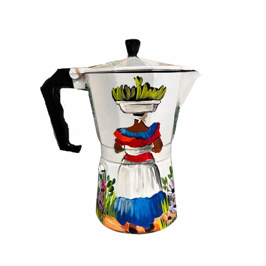 6-Cup Aluminum Coffee Maker – Dominican Souvenir with Campesina & Countryside Design