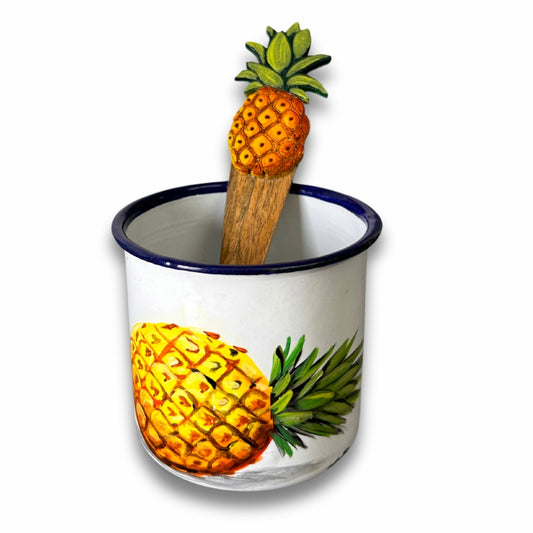 3 oz Metal Coffee Cup & Wooden Spoon Set – Dominican Souvenir with Pineapple Design