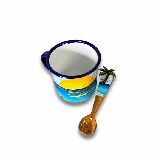 3 oz Metal Coffee Cup & Wooden Spoon Set – Dominican Souvenir with Beach Sunset Design