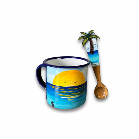 3 oz Metal Coffee Cup & Wooden Spoon Set – Dominican Souvenir with Beach Sunset Design