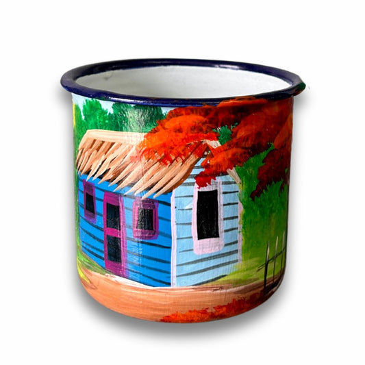3 oz Metal Coffee Cup – Dominican Souvenir with Countryside Home & Flamboyant Tree Design