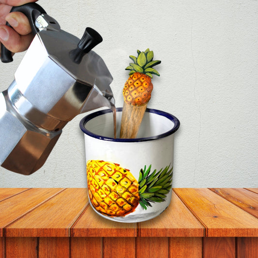 3 oz Metal Coffee Cup & Wooden Spoon Set – Dominican Souvenir with Pineapple Design