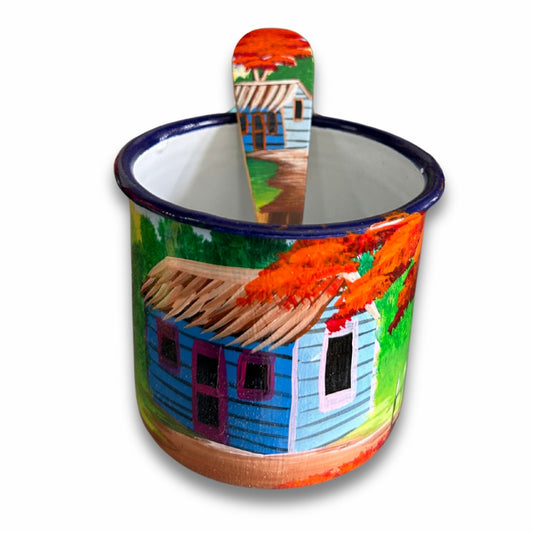 3 oz Metal Coffee Cup & Wooden Spoon Set – Dominican Souvenir with Countryside & Flamboyant Tree Design