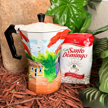 6-Cup Aluminum Coffee Maker – Dominican Souvenir with Countryside House & Flamboyant Tree Design