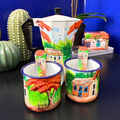 6-Cup Aluminum Coffee Maker – Dominican Souvenir with Countryside House & Flamboyant Tree Design