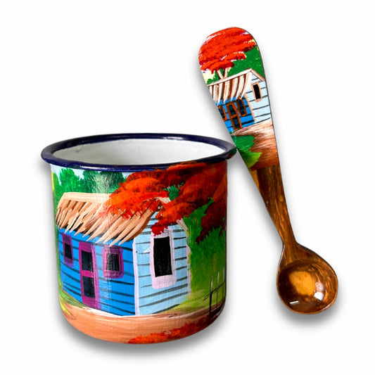 3 oz Metal Coffee Cup & Wooden Spoon Set – Dominican Souvenir with Countryside & Flamboyant Tree Design