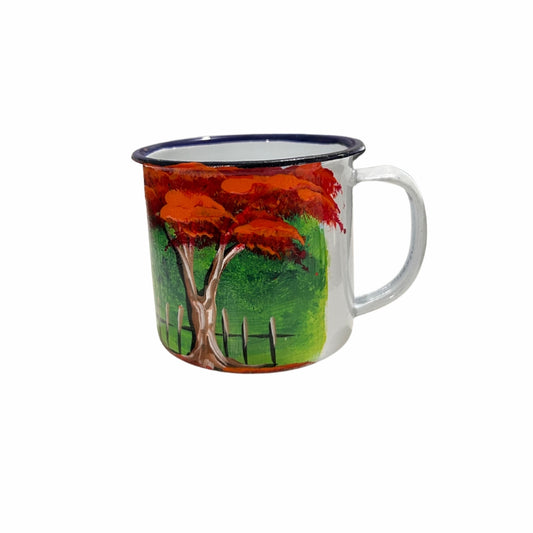 3 oz Metal Coffee Cup – Dominican Souvenir with Countryside Home & Flamboyant Tree Design