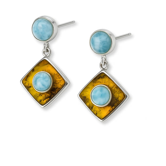 Amber Frame Earrings with Larimar Sphere – Authentic Dominican Larimar Jewelry