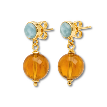 Sterling Silver Earrings with Dominican Larimar and Amber – Elegant Dominican Jewelry Souvenir